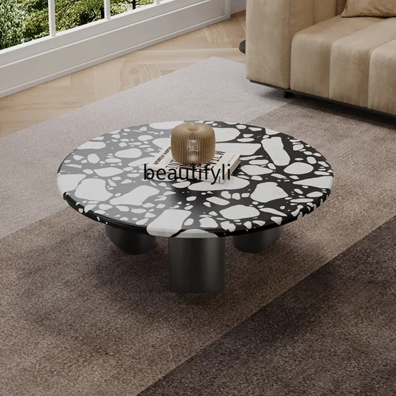 xxxzWabi Sansan minimalist round terrazzo coffee table light luxury high-grade natural marble living room low table sofa side ta