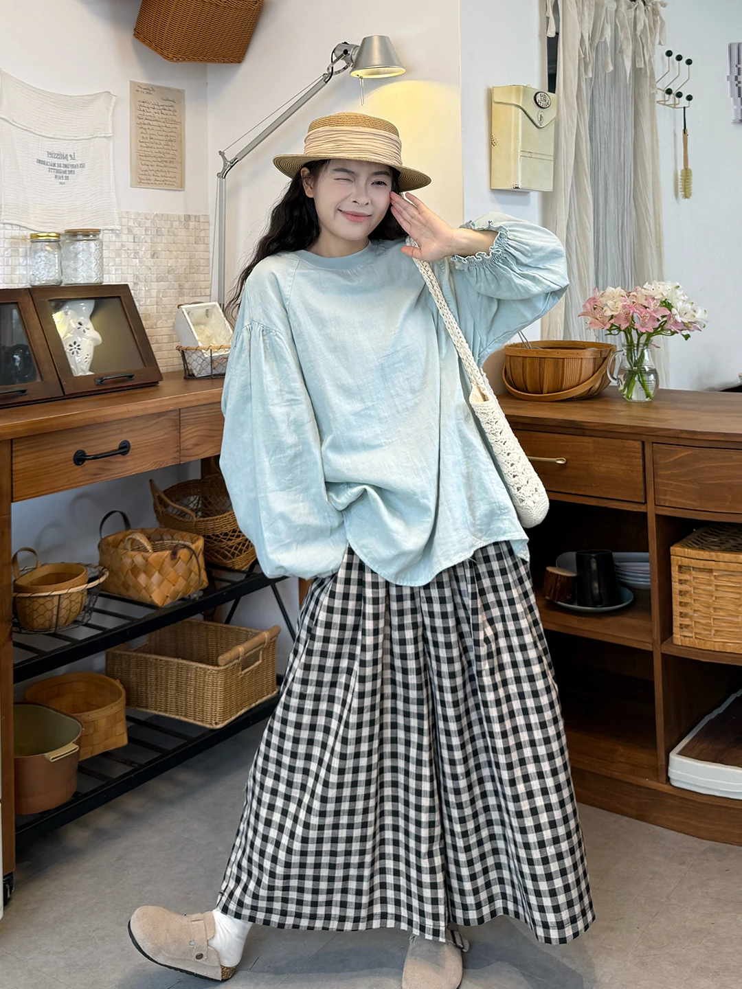 

Loose Wide Leg Pants Set Spring Style Korean Version Long Sleeve Shirt And Plaid Pants Two Piece Set Casual High Waist Trousers