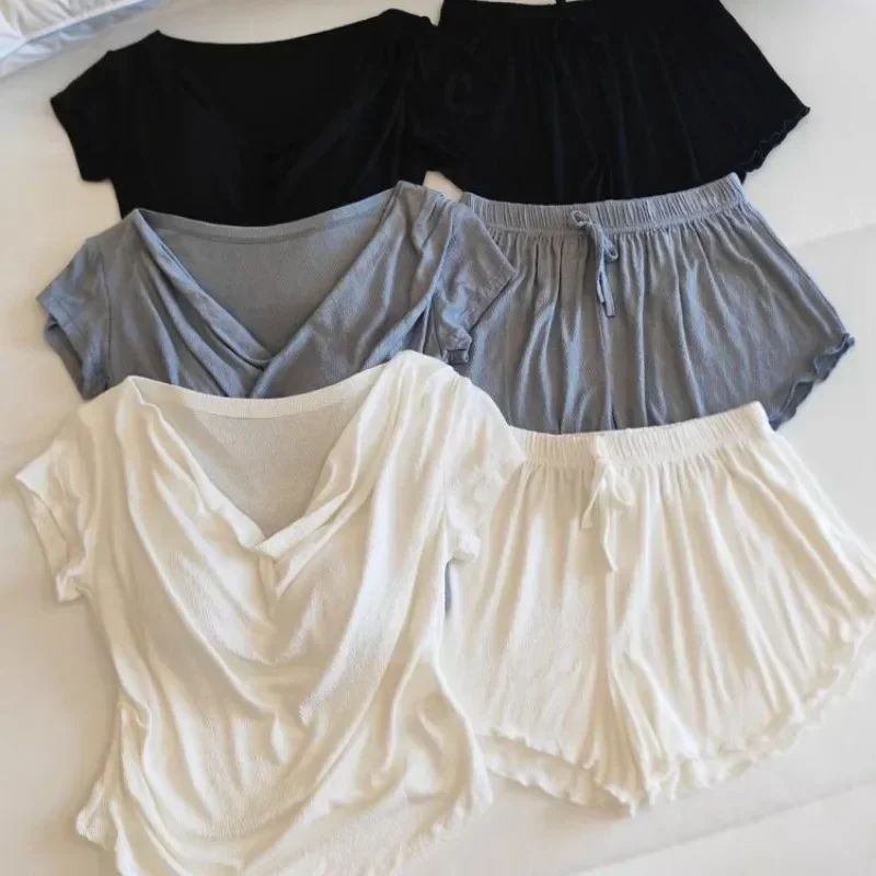 

Solid Sleepwear Women Pajama Sets Short Sleeve Night Wears Casual Home Suit 2025 New Korean Piiama Summer Shorts Sets 2 Pieces
