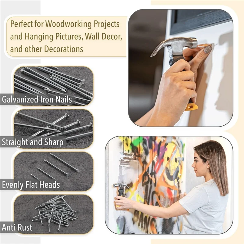 

B47B-601 Pcs Nail Assortment Kit And Small Hammer, Nails For Hanging Pictures, Nails For Wall, Picture Hanging Nails
