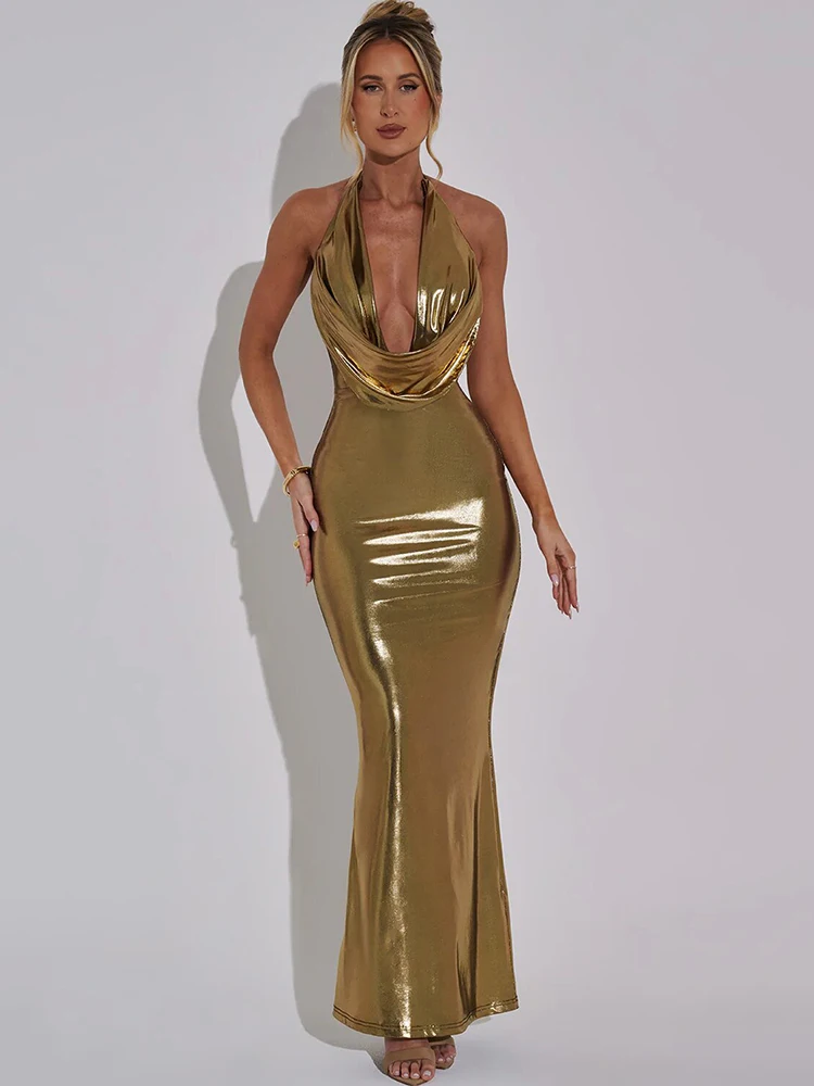 

JULISSA MO Sexy Deep V-neck Halter Maxi Dress For Women Gold Backless Evening Dress Female Autumn Skinny Elegant Party Clubwear