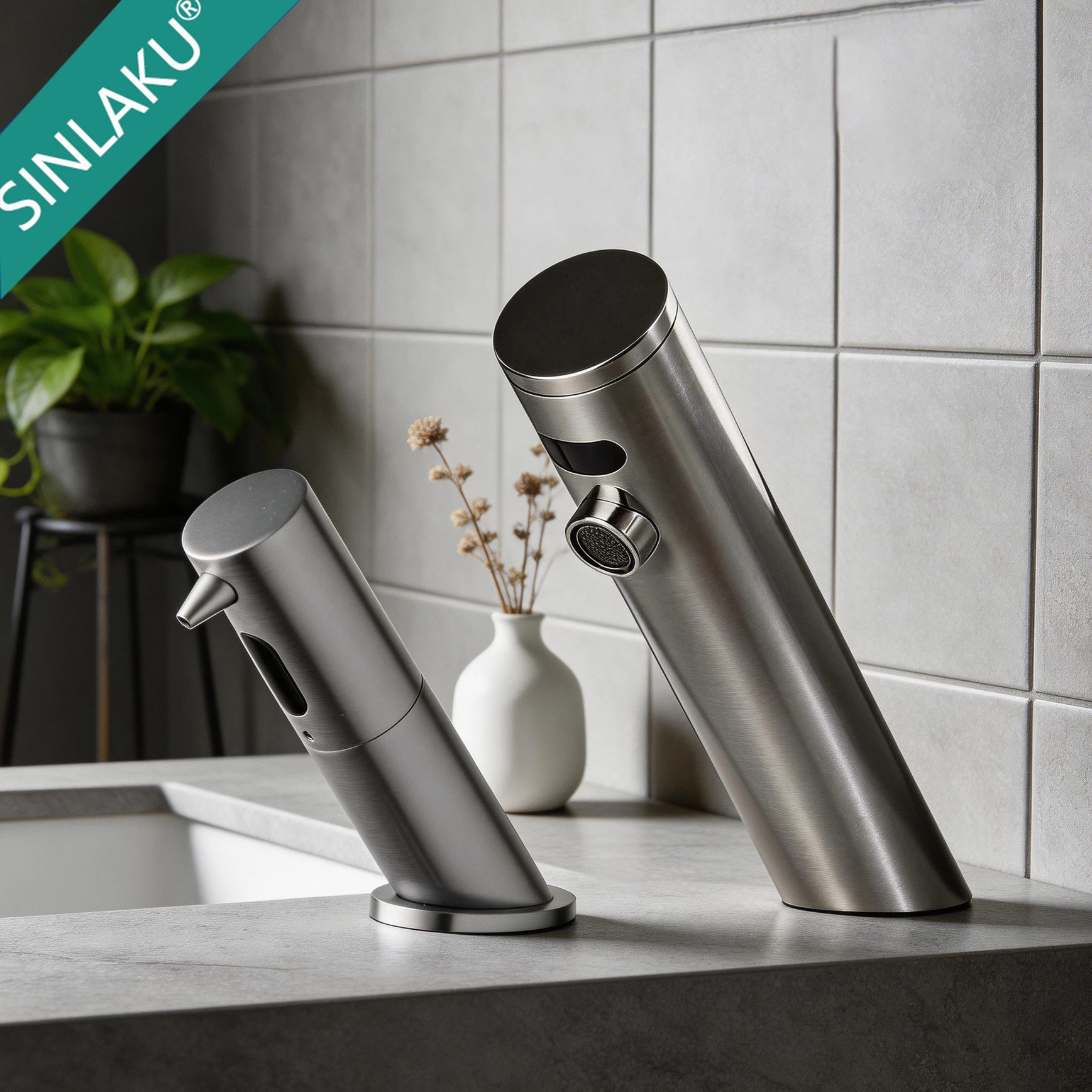 SINLAKU Smart Sensor Faucet and Soap Dispenser Set Brushed Nickel Automatic Touchless Cold Water Tap Liquid Soap Dispenser Combo