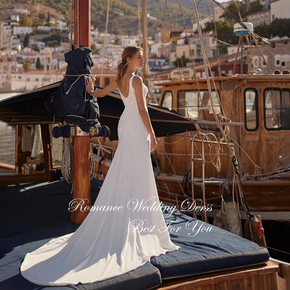 Vestido De Novia De sirena De encaje elegante, apliques con cuello en V, tirantes finos, Espalda descubierta, sin mangas, personalizado