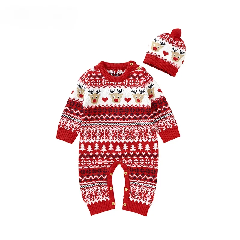 Newborn Boys Girls Jumpsuits Outfits Toddler Infant 2pcs Clothes Newborn Baby Rompers Hats Costumes Winter Red Christmas Knitted