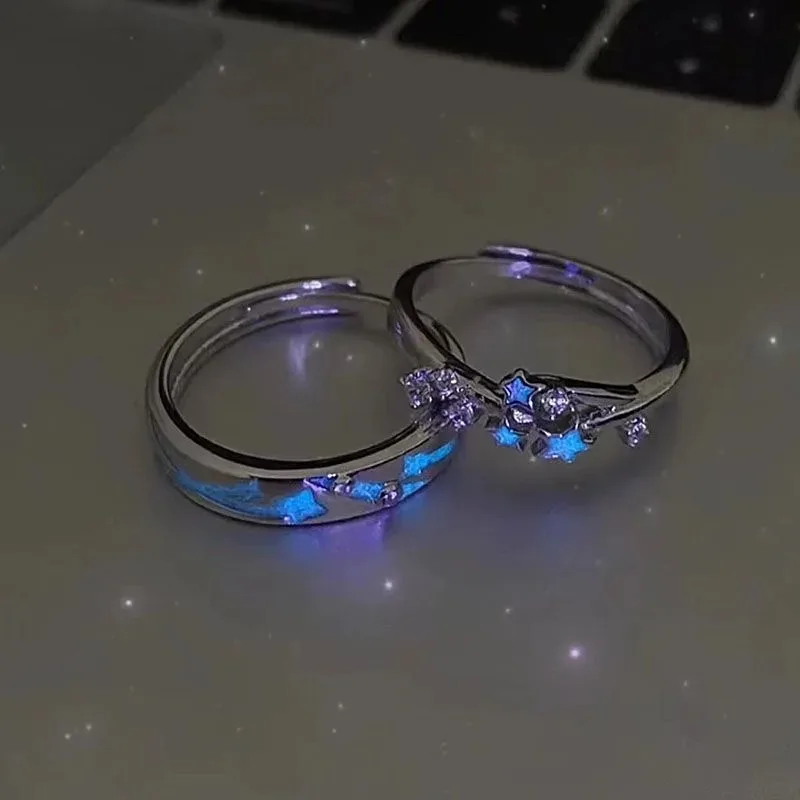 

Luminous Blue Green Light Star Ring Glow In Dark Fluorescent Heart Ring Women Men Couple Finger Rings Jewelry Adjustable
