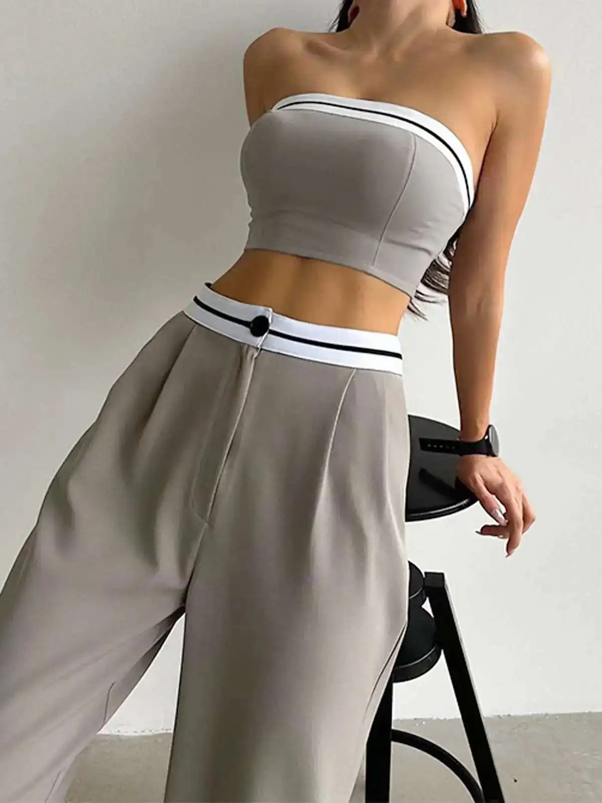 

Tube Two Piece Contrast Waistband Set Solid Women Sleeveless Short Top Wide Leg Pants Suit Office Lady Clothing