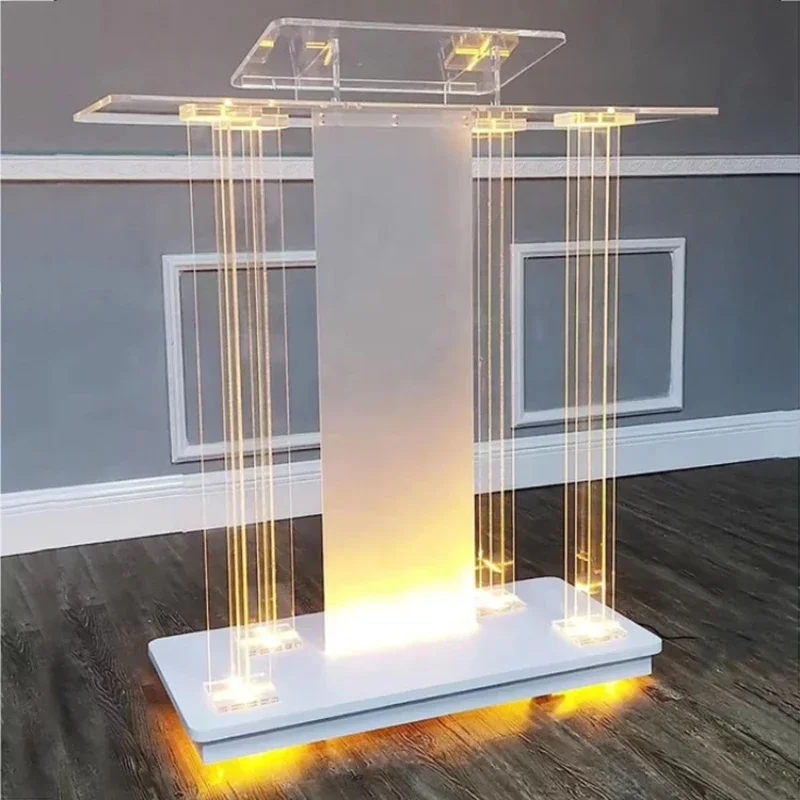 Stylish LED Acrylic Church Podium Clear Acrylicwith Rollers and Vertical Reading Platform for Church Entrance Classroom