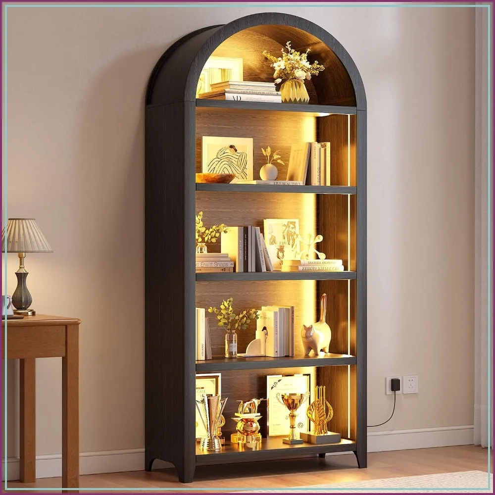 5-Tier Arched Bookcase with 3-Color Lights & Motion Sensor, Black