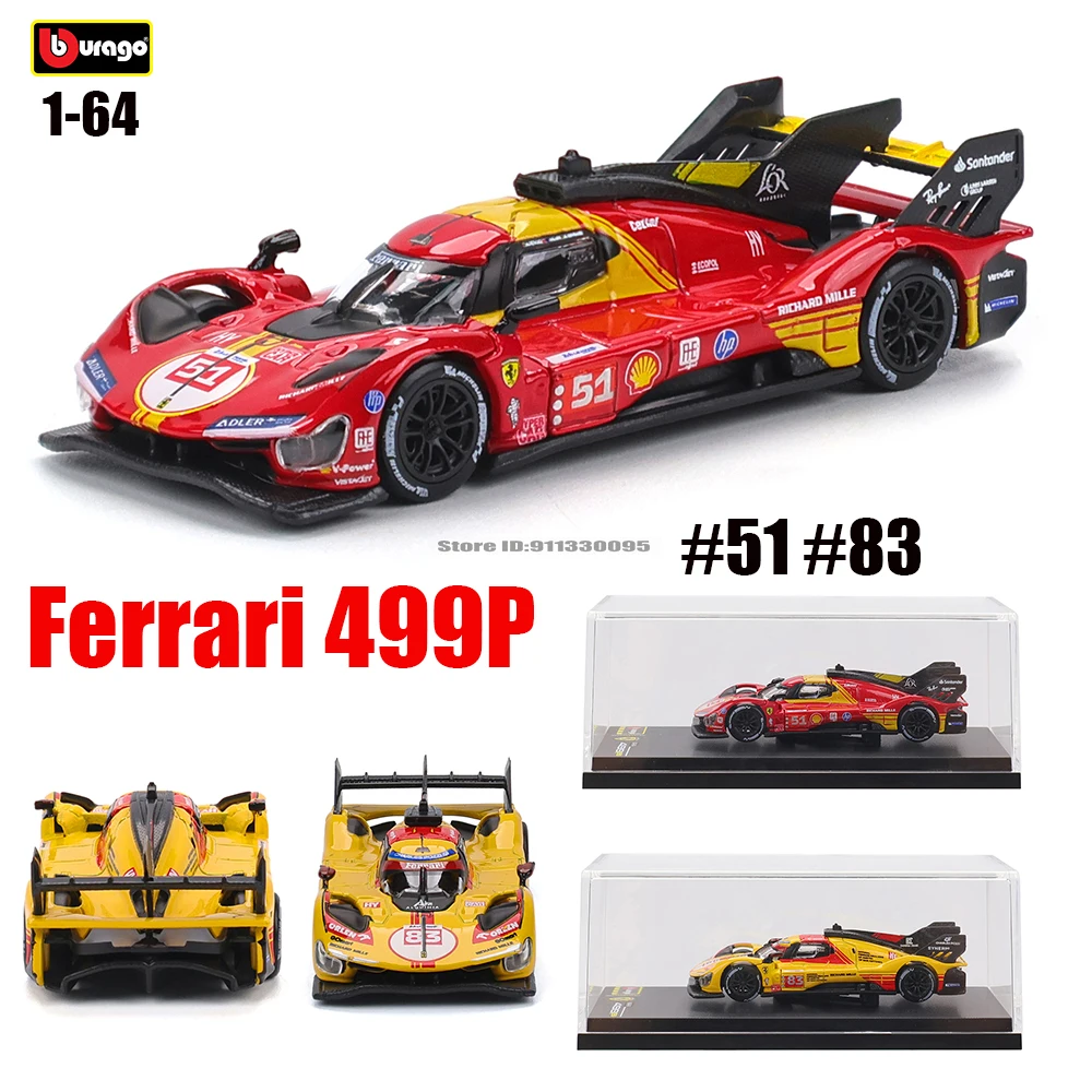 Bburago 1:64 فيراري 499P مع صندوق أكريليك وقاعدة نموذج سيارة سلسلة ألعاب هدايا عيد الميلاد للأولاد للأطفال