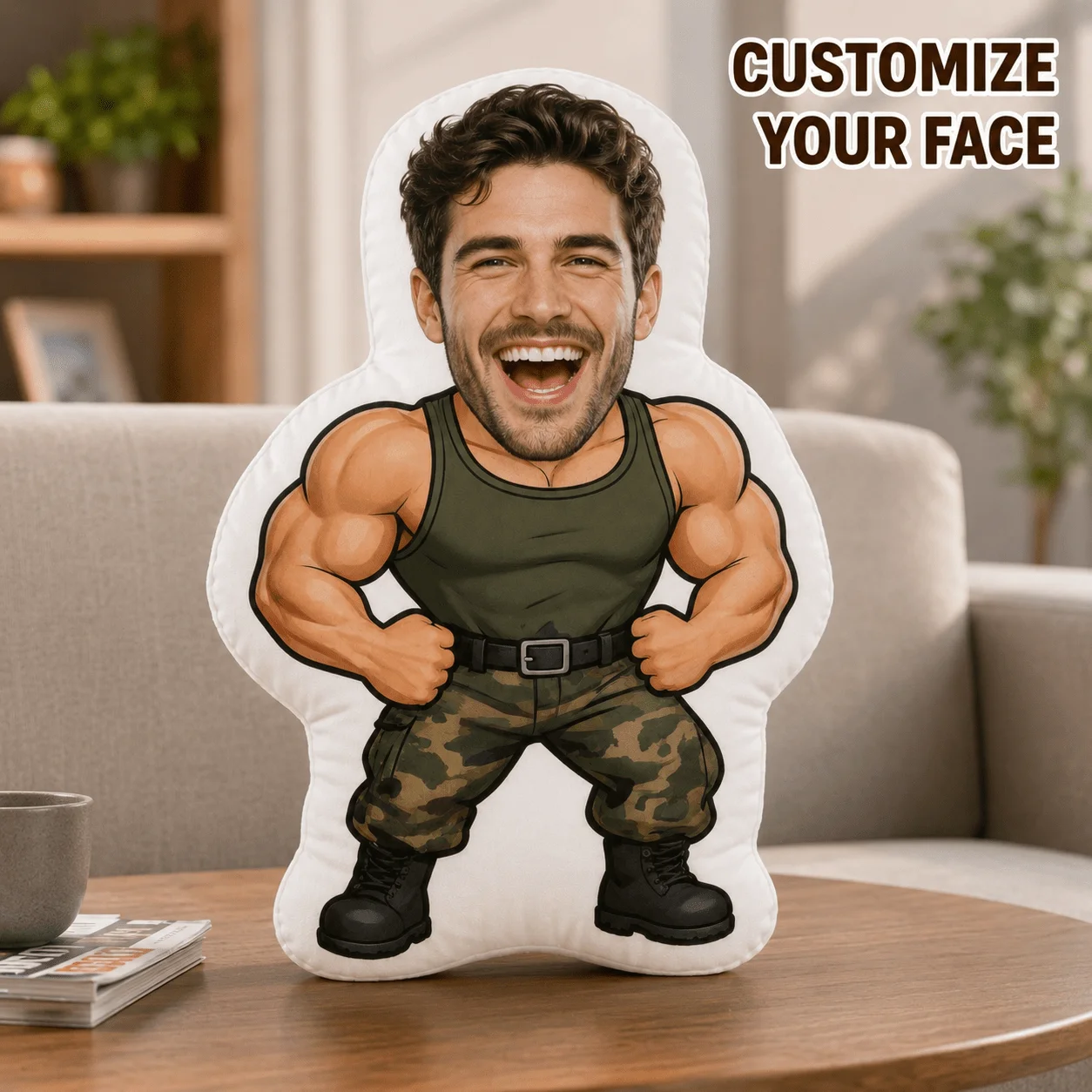Custom Photo Face Pillow Military Style Shaped Cushion Multiple Sizes Sofa Bedroom Unique Gift for Adult Man Birthday Father Day