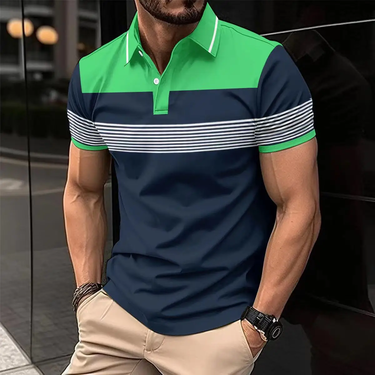 New Men\'s Solid color Summer Polo Shirt Short sleeve lapel Zip Polo Shirt & Men\'s casual plus size street wear top