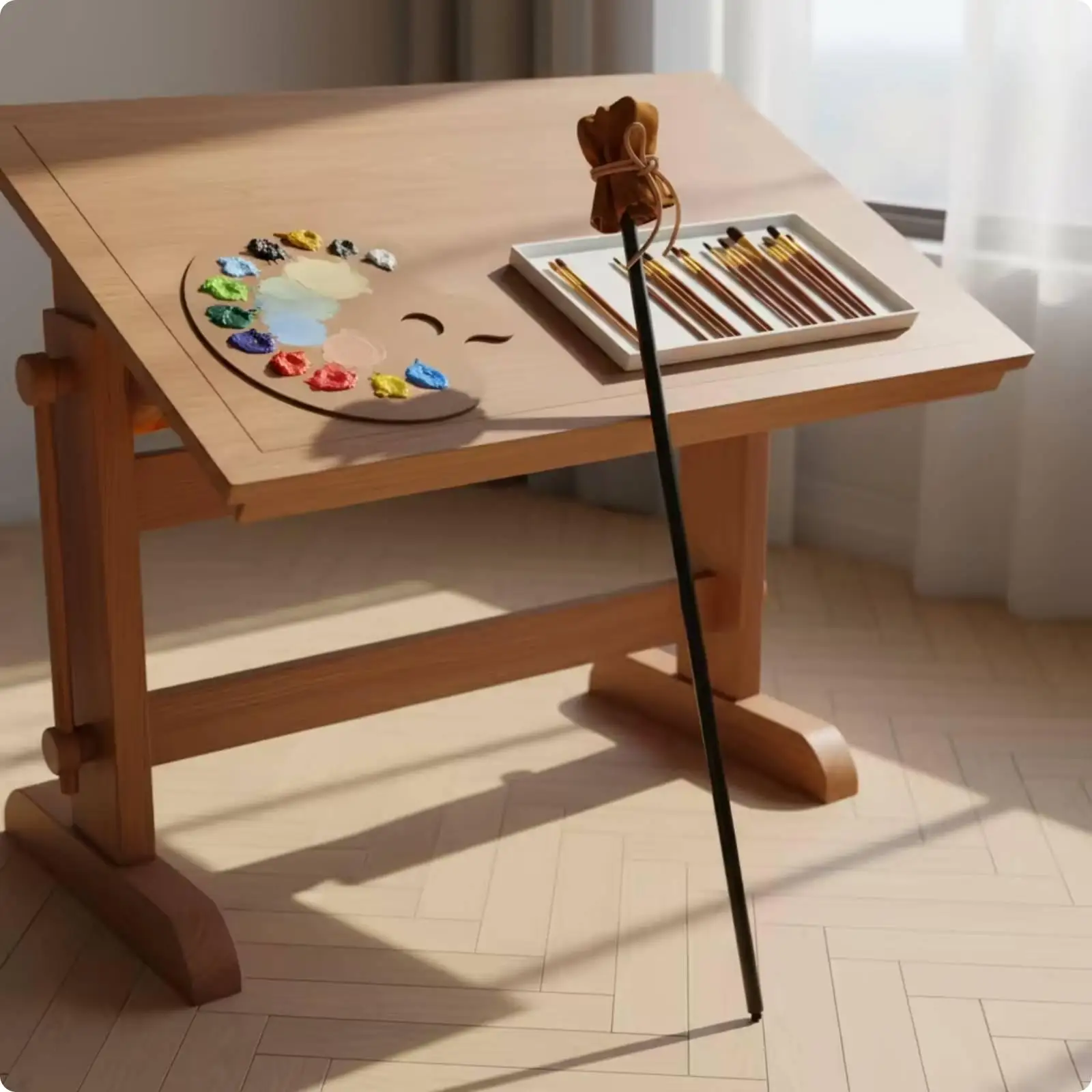 Artist Hand Rest Solid Wood Painting Support Stick with Leather Cushion for Drawing Sketching Oil Paint Work on Easel Desk