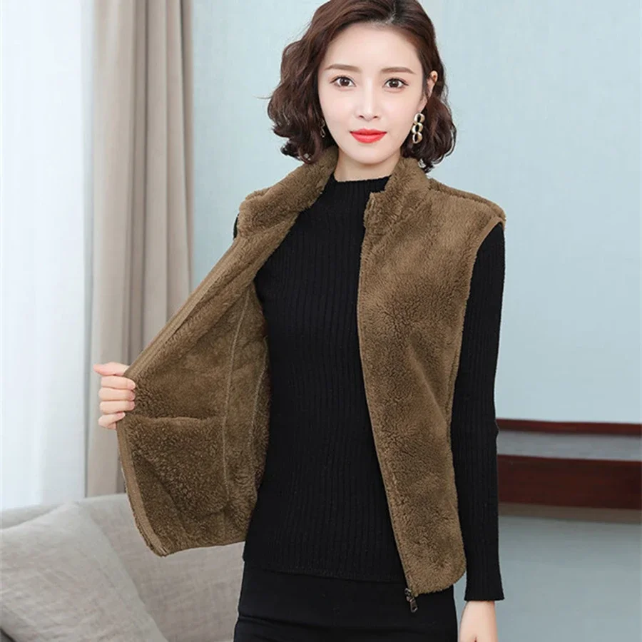 

Fall Winter Plush Vests Jackets Women Casual Thick Warm Sleeveless Coats New Big Fleece Waistcoats Basic Soft Gilets I82