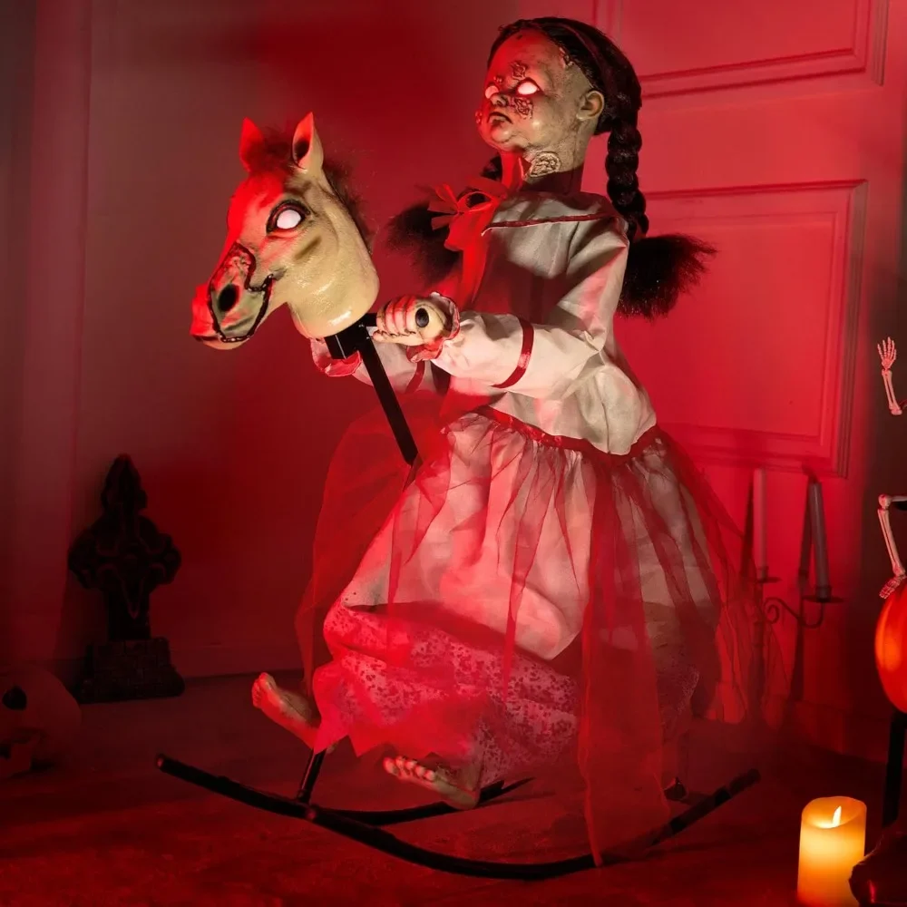 Halloween Animatronics Rocking Horse Doll3 Ft , Halloween Decorations & Light & Sound, Sound Activated Scary Girl Decor