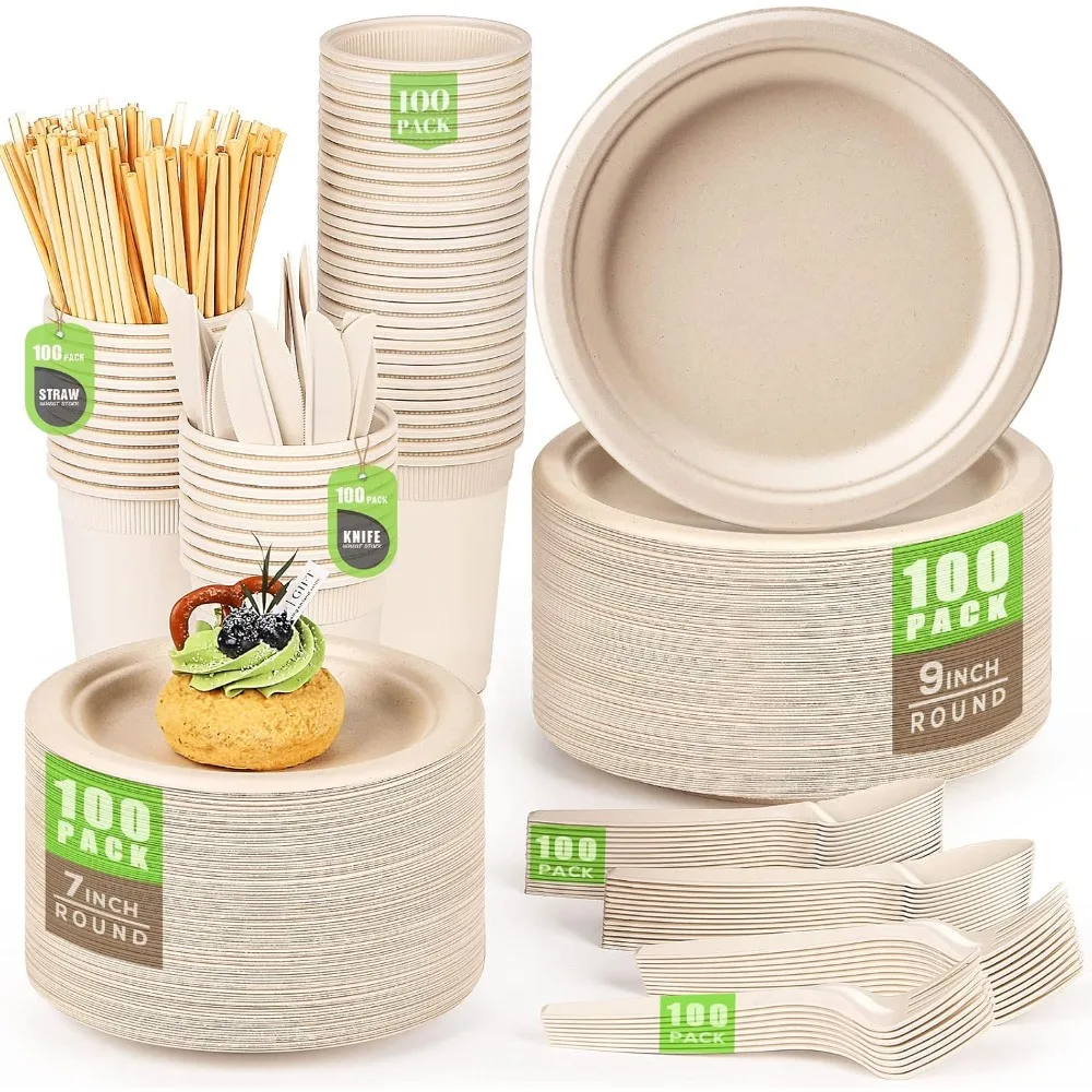 Paper Plates 700pcs Biodegradable Plate Cutlery Recycled Disposable Paper Plate Heavy-duty Brown Plates Set