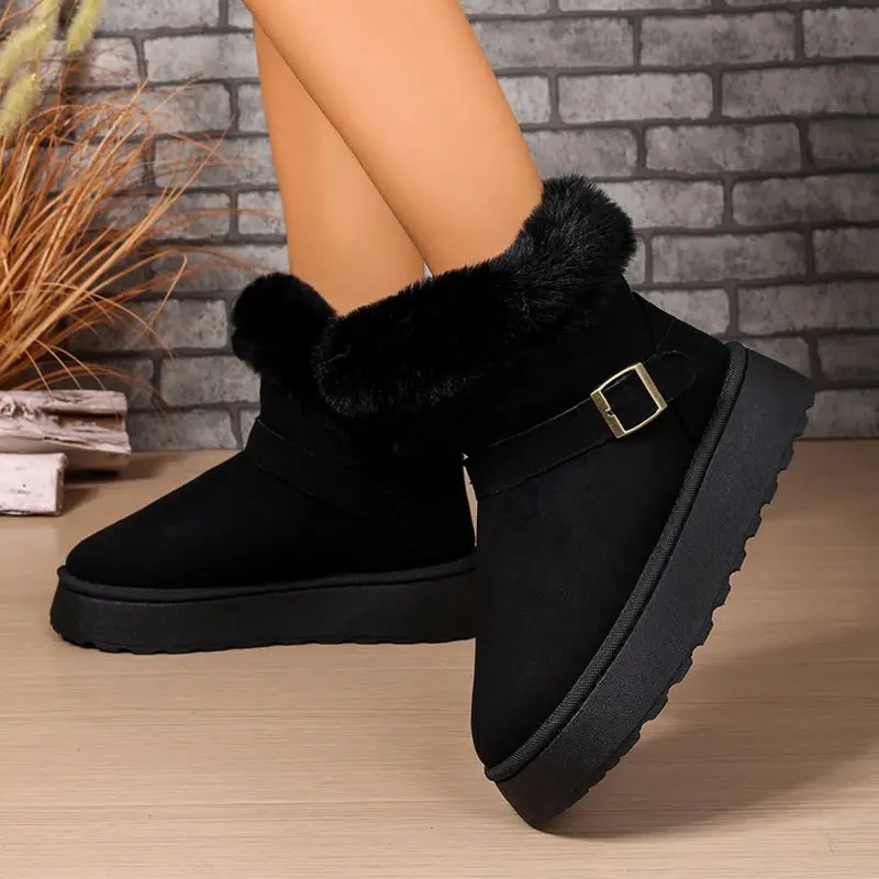 سميكة صوف مبطن أحذية الثلوج المرأة الرجعية الدافئة المضادة للانزلاق أحذية قطنية مع حزام مشبك كعب سميك الشتاء نمط جديد