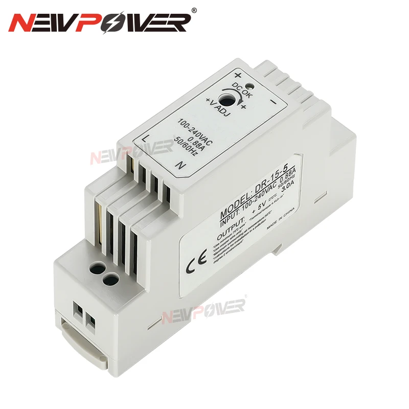 DR-15 Single Output 15W 5V 12V 15V 24V Industrial Din Rail Power Supply Switch 5V/2.4A 12V/1.25A 24V/0.63A