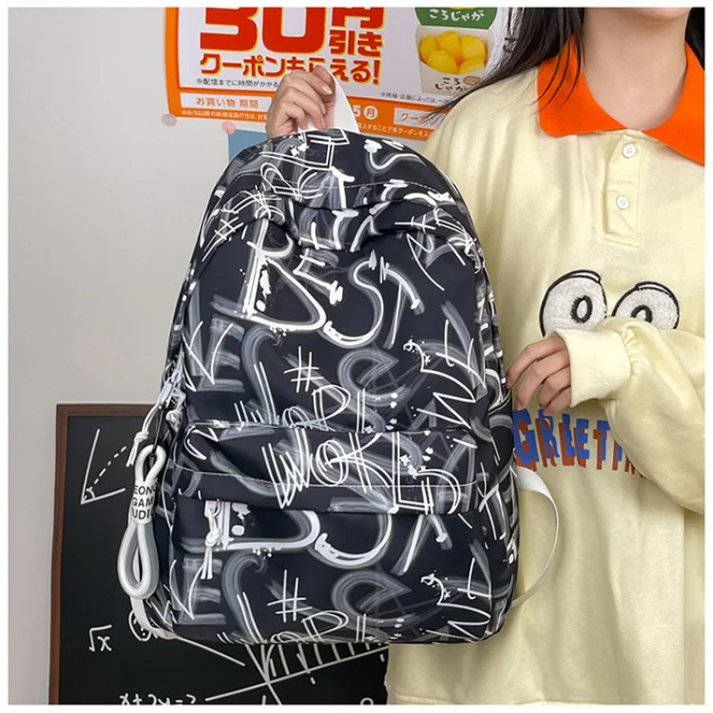 Trendy Oxford Fabric Backpack Colorful Nylon Letter Graffiti Zipper Outdoor Travel Casual Backpack