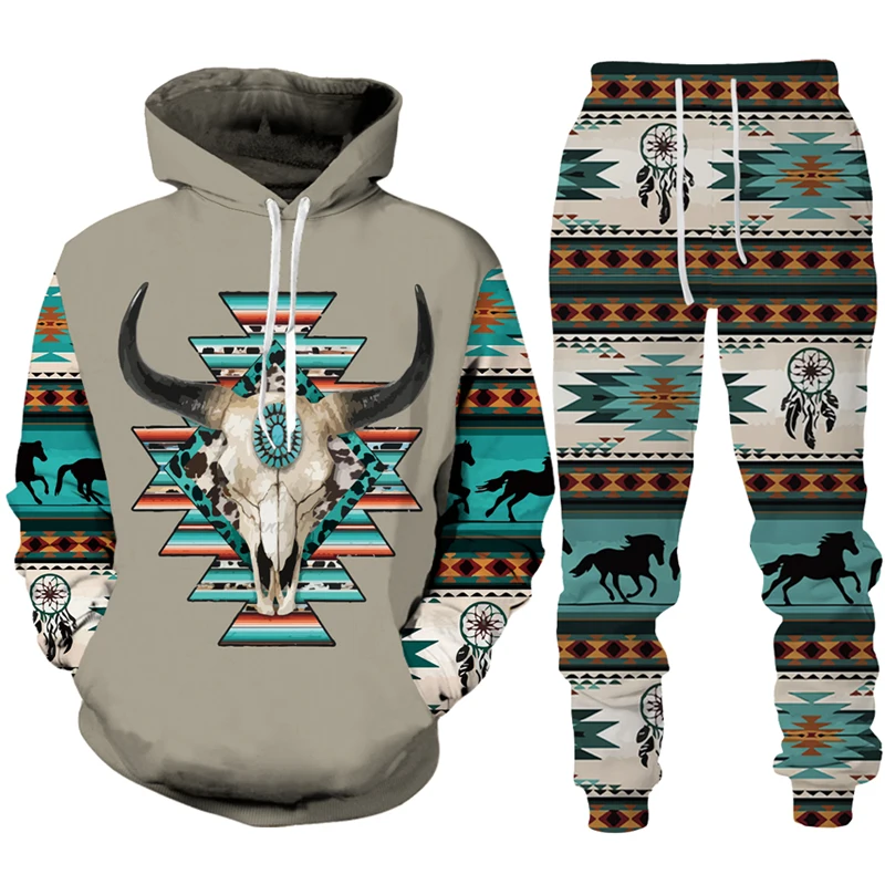 Mannen Hoodies Sets Retro Tribale Koe 3d Print Trainingspak Set Man Hoodie Broek 2 Stuks Set Mode Western Cowboy Streetwear Kleding