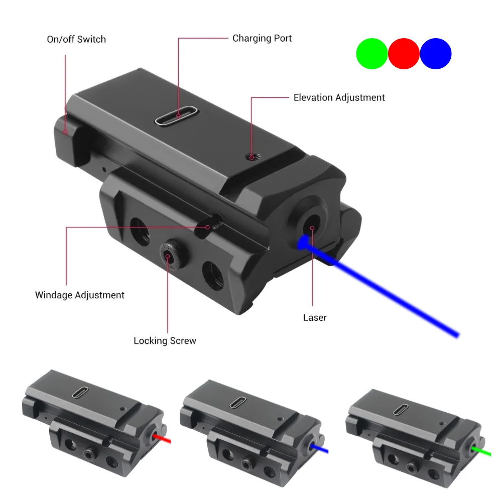 Czerwony/niebieski/zielona kropka celownik laserowy nadający się do szyna tkacka Picatinny do pistoletu, ładowanie rodzaj USB C, wstrząsoodporny