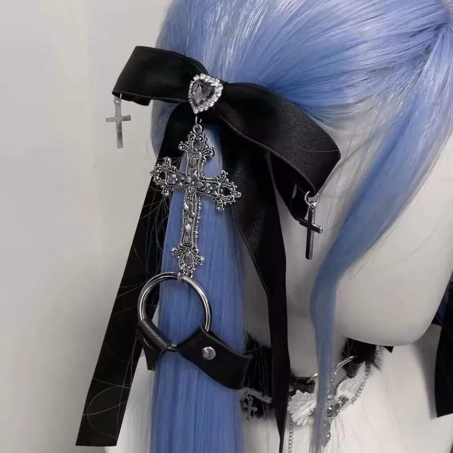 1 쌍 어두운 고딕 나비 헤어핀 펜던트 보우 헤어 클립 여성용 한국 어린 소녀 헤어 클립 로리타 액세서리