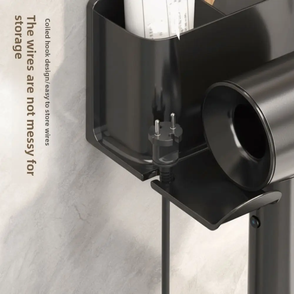 حامل مجفف الشعر المحمول المثبت على الحائط، رف تخزين مجفف الشعر العالمي ذاتي اللصق مع مقصورات رف تخزين الحمام #4