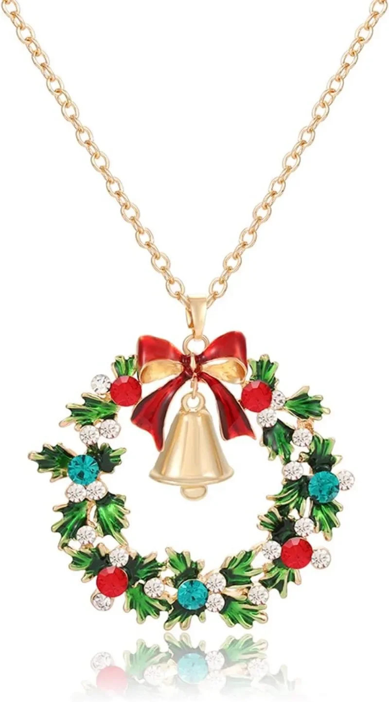 Glitzy Rhinestone Xmas Wreath Bell Pendant Necklace  for Women Holiday Jewelry Gif