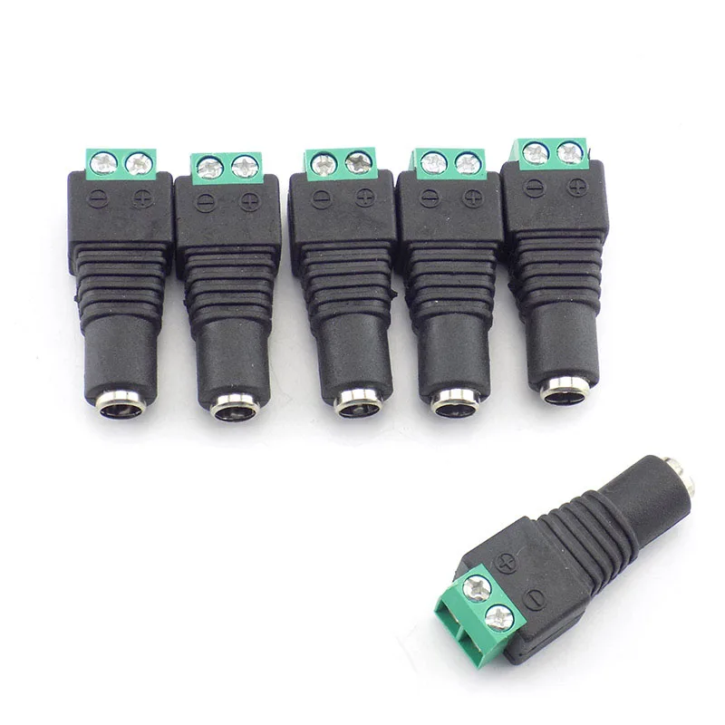 DC conector fêmea Plug Jack, adaptador de alimentação para CCTV, LED Strip Light, sistema de lâmpada, 5050, 3528, 5.5mm x 2.1mm, 12V, 5Pcs