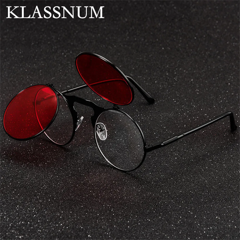 KLASSNUM Vintage Steampunk Flip Sunglasses Retro Round Metal Sun Glasses for Men Women Brand Designer Circle Glasses Oculos 2025