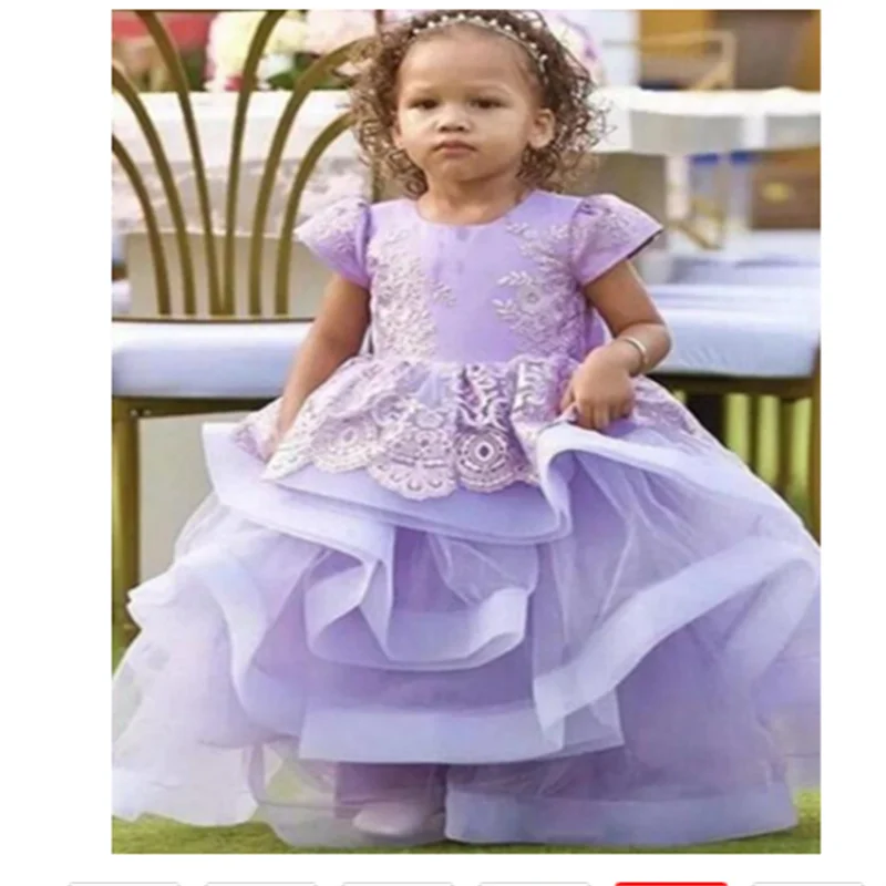 

Bigbeautiful Big Bow Lace Flower Girl Dresses Floor Length Cascading Tulle Child Pageant Dresses First Communion Wedding