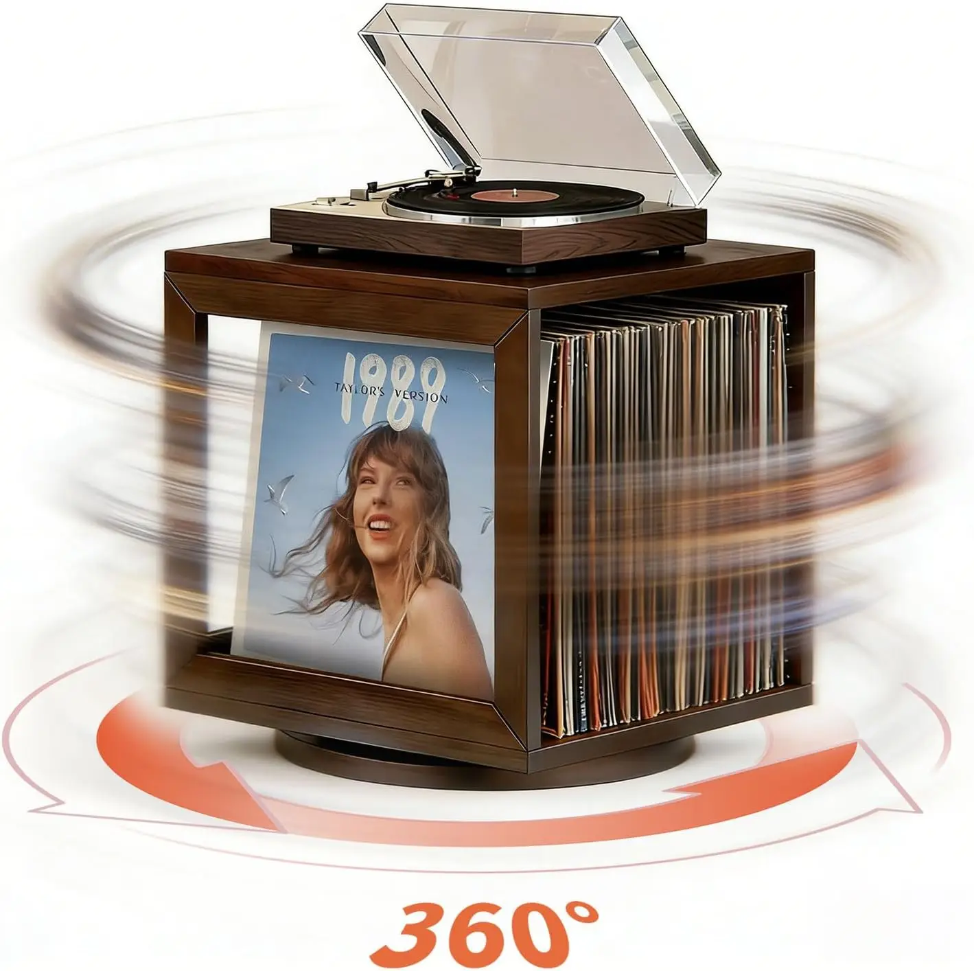 

Wooden Rotation Record Player Stand - Vinyl Storage for 80 LPs, CD Crate Cabinet Desktop Holder
