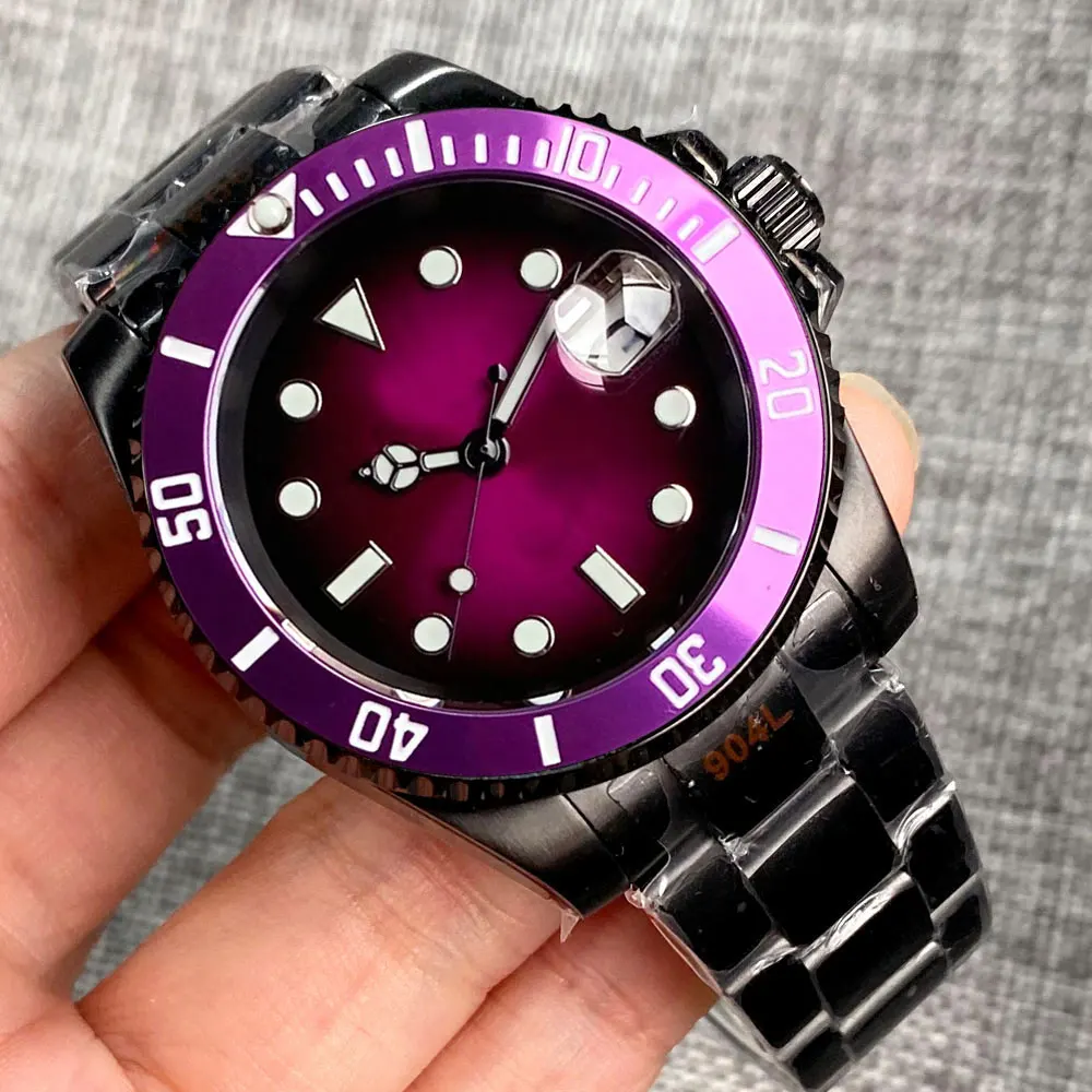 Tandorio PVD SUB 40mm Luxury Top Purple dial 200M Waterproof Diving Men Watch Selfwing NH35AA 316LSteel Diver Wristwatch Jewelry