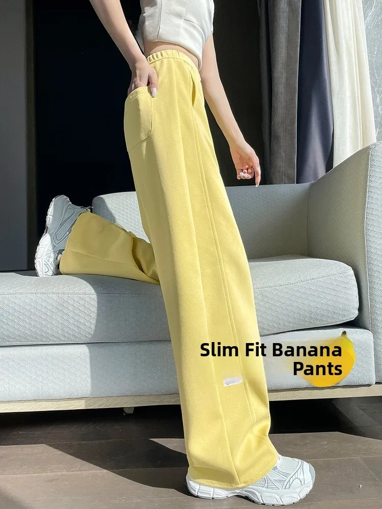 Pantalon de sport jaune à jambes droites pour femmes, ample, décontracté, jambes larges, Dopane Sle, taille haute, Long, printemps automne