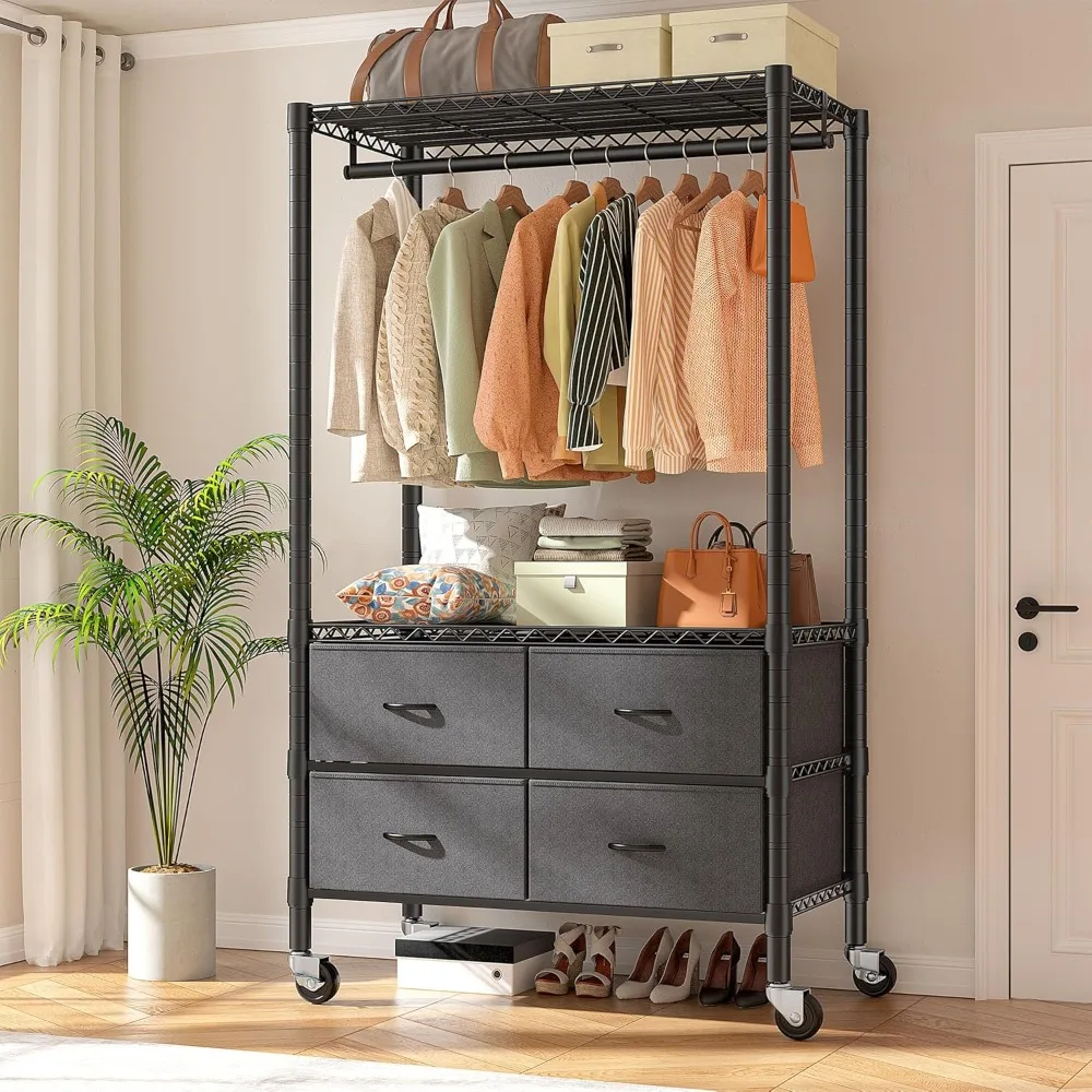 

Clothes Rack, Clothing Rack with Wheels Wardrobe Closet Rolling Closet Shelving with 4 Drawers, for Hanging Clothes Black