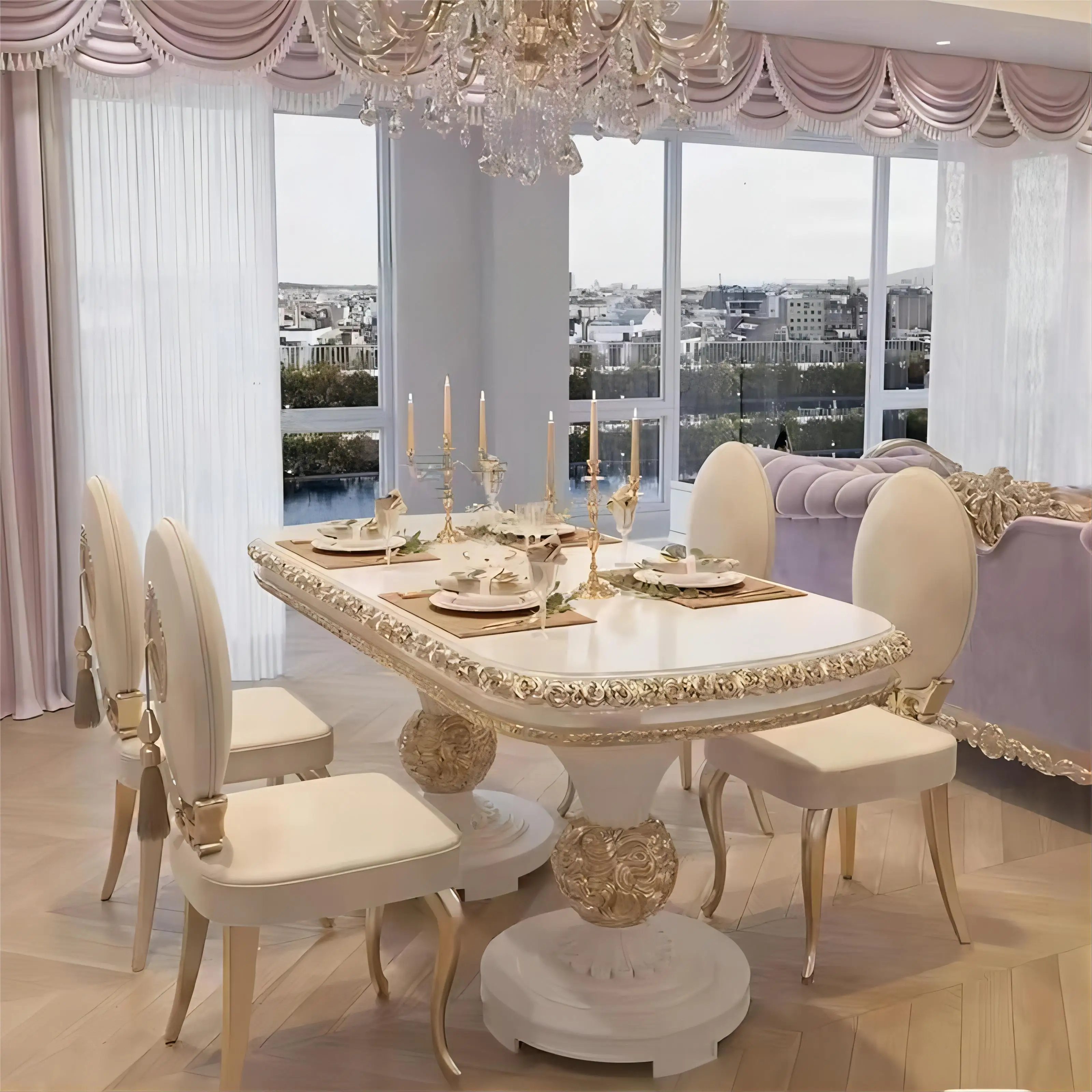 

European style solid wood dining table and chairs, European style romantic princess style dining table and chairs