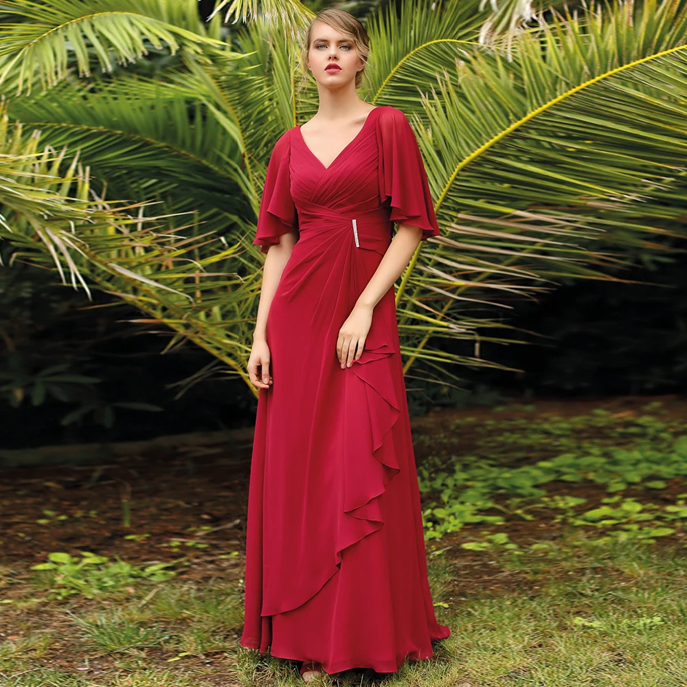 Élégantes robes de mère de la mariée bordeaux, col en V, demi-manches, robe de soirée de mariage en mousseline de soie, longueur au sol plissée