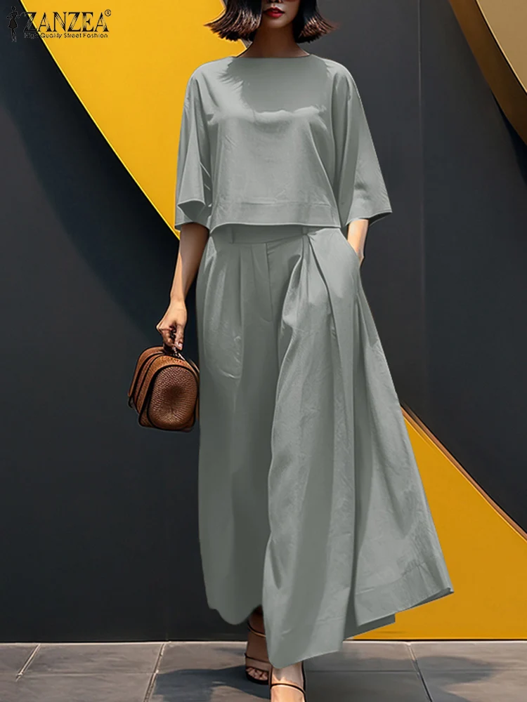 Mode Sommer OL Arbeit Hose Sets ZANZEA Frauen Elegante 3/4 Hülse Bluse Breite Bein Hosen Anzug 2025, Mode Lose Passenden Sets