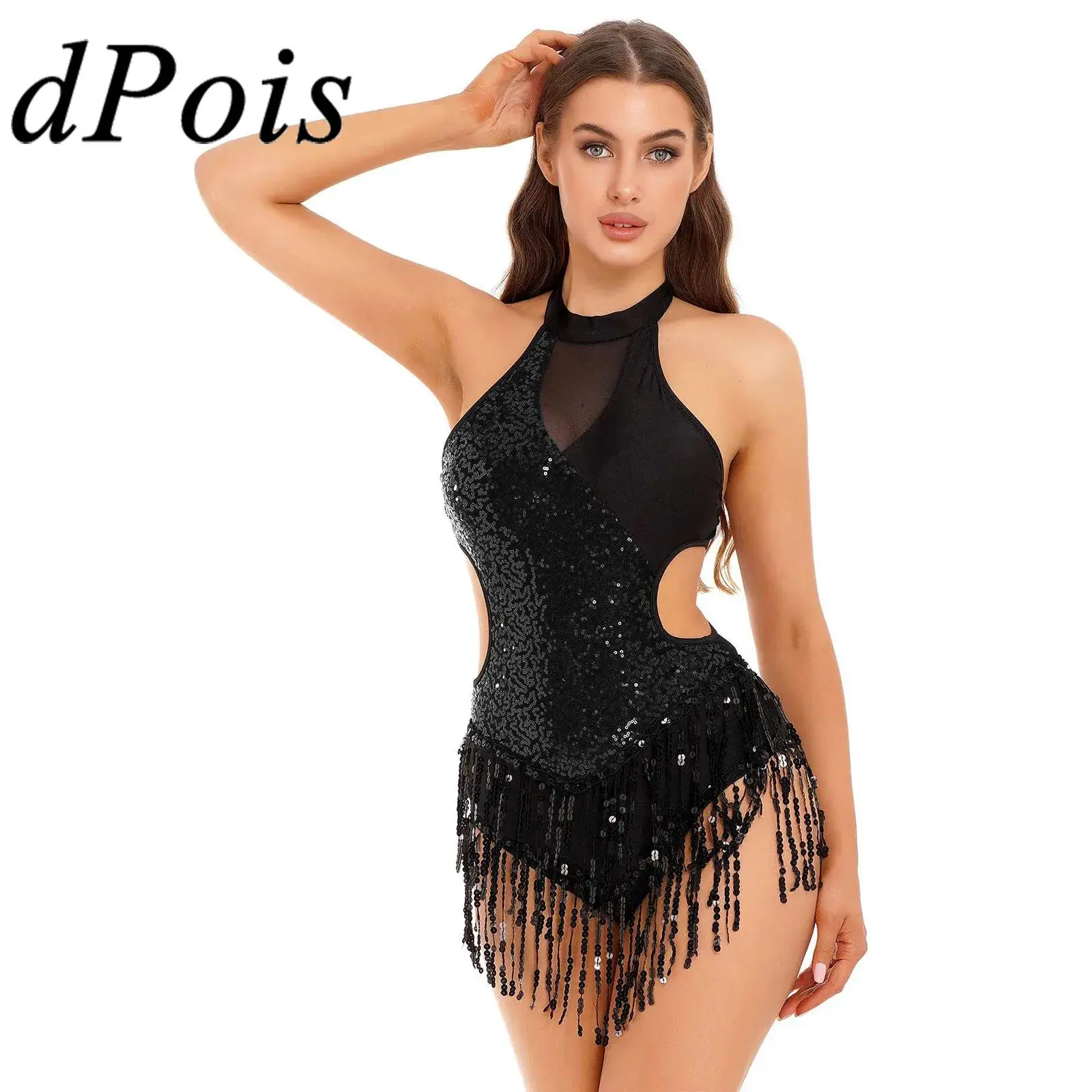 Justaucorps à paillettes brillantes pour femmes, Jazz latin, franges, body pour salle de bal, compétition de danse latine, combinaison Chacha Samba Tango