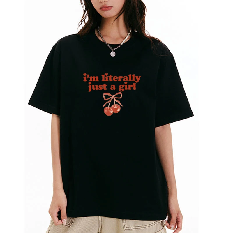 

I'm Literally Just A Girl Letter Printing Cherry Bow pattern short sleeve T-shirts Men Women Cotton casual vintage Tshirt Unisex