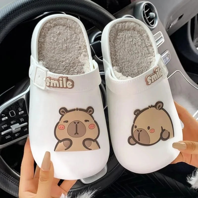 Capybara Slippers Women Winter One Word Cotton Cartoon Anime Cute Student Bedroom Suede Warm Fury Slippers Non Slip Flat Shoes