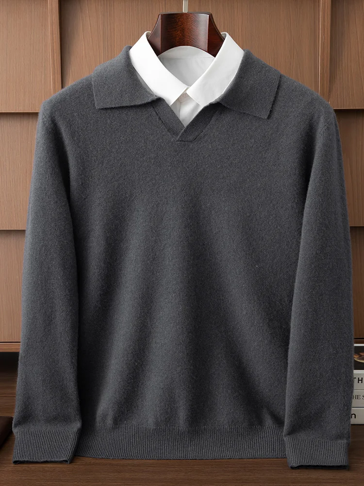 High Quality Men Wool Sweater Polo Collar Pullover Smart Casual Autumn Winter Simple 100% Pure Wool Knitted Soft Clothing Top