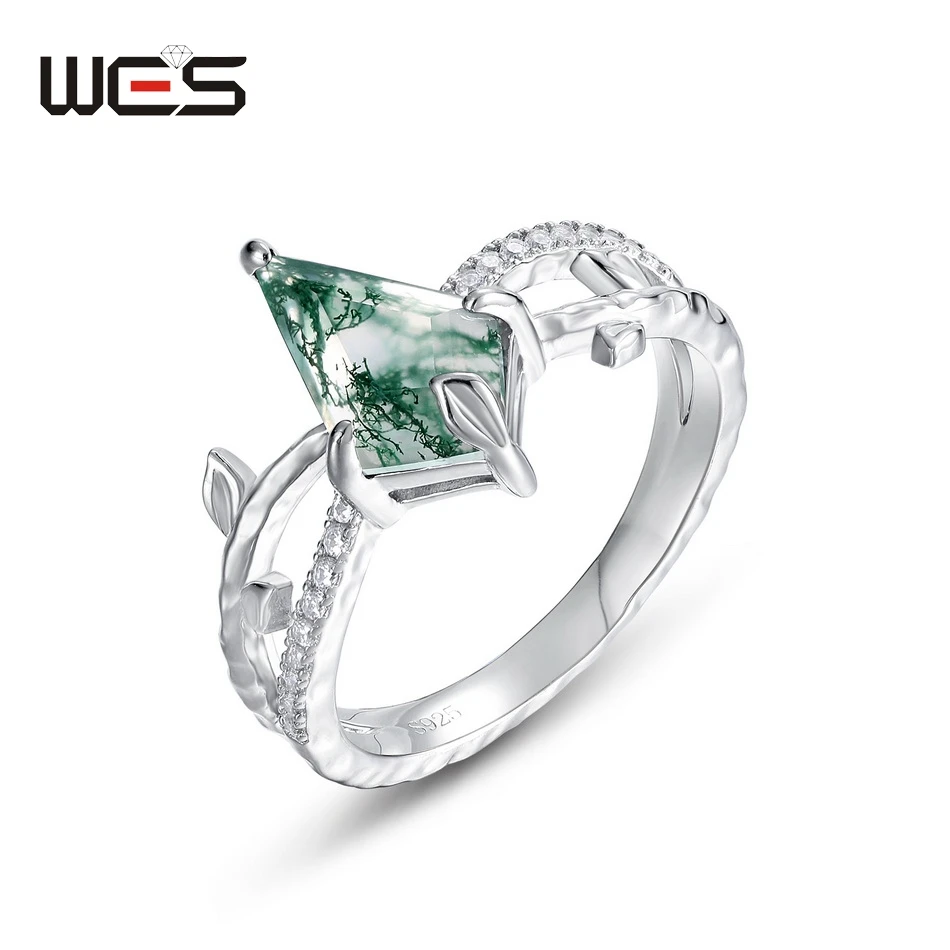 WES 925 Silver Kite Cut Unique Natural 7*12mm Moss Agate Ring for Woman Olive Branch Jewelry Engagement Wedding Gift Wholesale