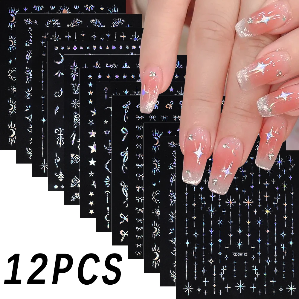 

12Pcs Laser Silver Four-pointed Star Bow Nail Art Stickers 3D Bling Star Moon Pentagram Bowknot Nail Decal Holo Manicure Sticker