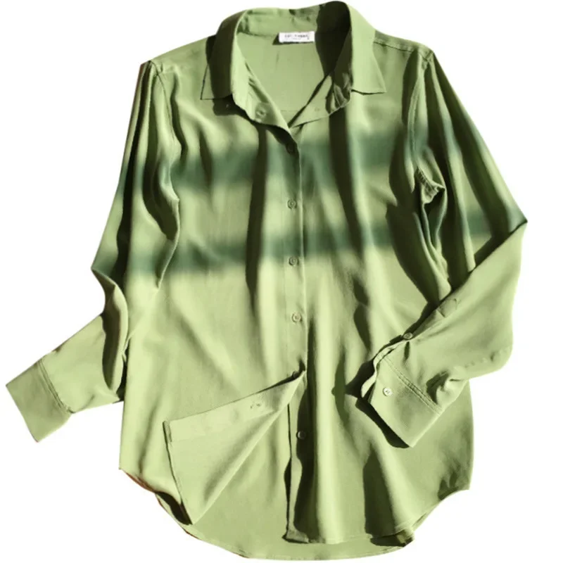 

Heavy Mulberry Women Silk Avocado Green Color 2024 Summer New Sand-washed Silk Shirt Long Sleeve Women's Clothing