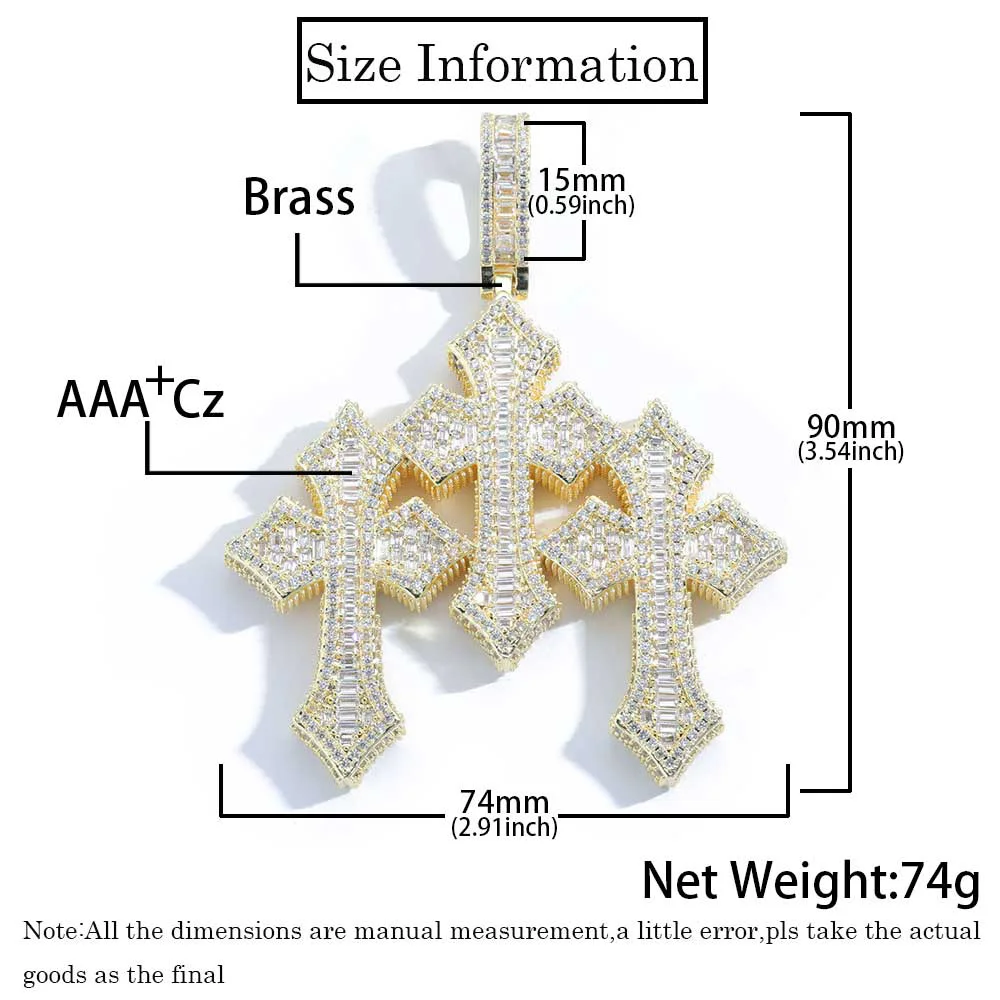 Hip Hop Jewelry Classic Retro Iced Out Three Cross Crystal Pendant Big Size Shiny Baguette Diamond Charm Cross Pendant