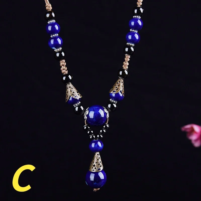 Classical National Style Handmade Ceramic Beads Pendant Sweater Chain Necklace Chinese 2024 New Clothing Necklace for Women