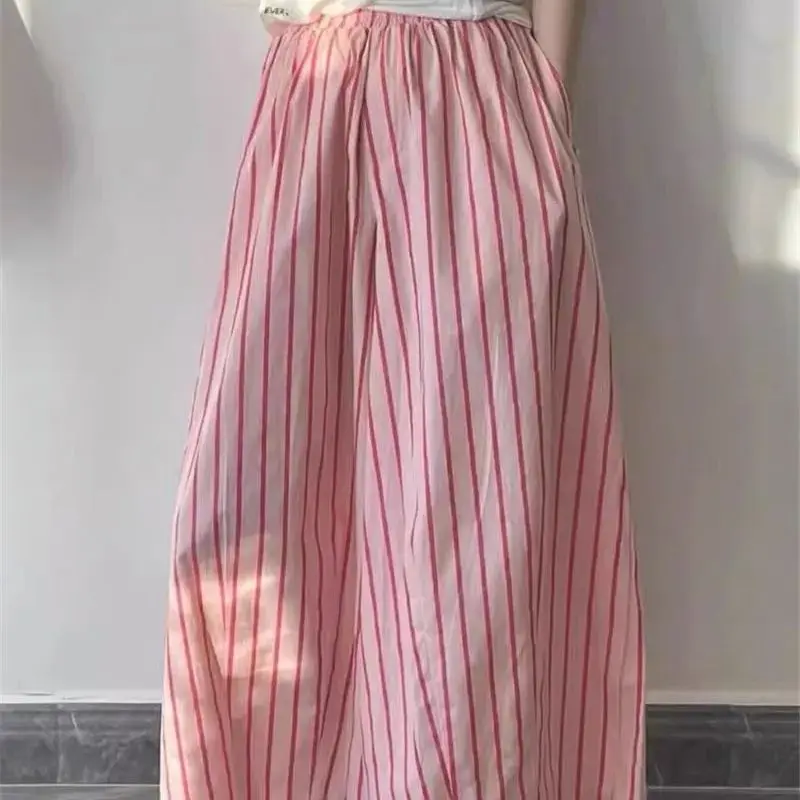 Limiguyue Runway Fashion Pink Vertical Stripe Skirt Summer Elastic Waist Pocket A-line Midi Skirts Basics Loose Women Skirt F495