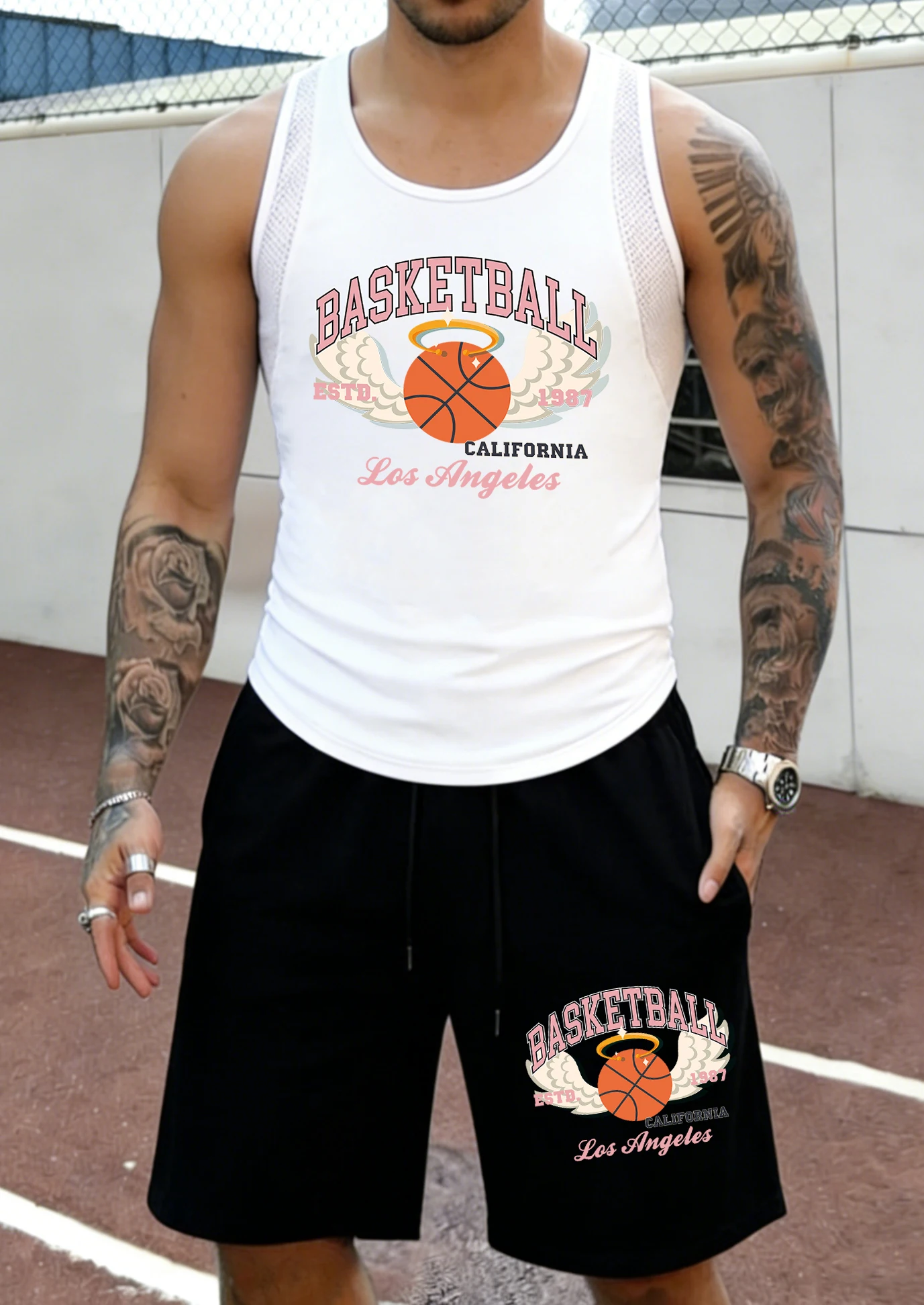 

Los Angeles Basketball Est.1987 Pattern Men Mesh Summer Vest & Shorts Suit Breathable Running Sleeveless Tee Sport Hiking Pants