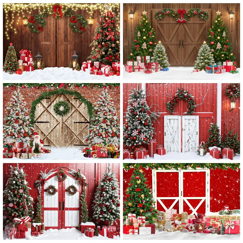 

Christmas Tree Wood Door Backdrop Xmas Gift Snow Street Lamp Wreath Baby Kids Portrait Family Party Photography Background Decor