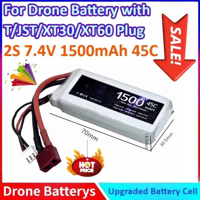 

New 7.4V 1500mAh 2S 45C General-purpose LiPo Battery for RC Drone Helicopter Car FPV Boat Parts with T/JST/XT30/XT60 Plug